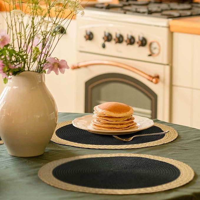 Noctiflorous Round Placemats Set of 8, 15 Inch Braided Hand Woven Table Mats, Heat Resistant Non-Slip Wipeable Wide Edge Place Mats for Kitchen Dining Indoor Outdoor Use(Black, 8)
