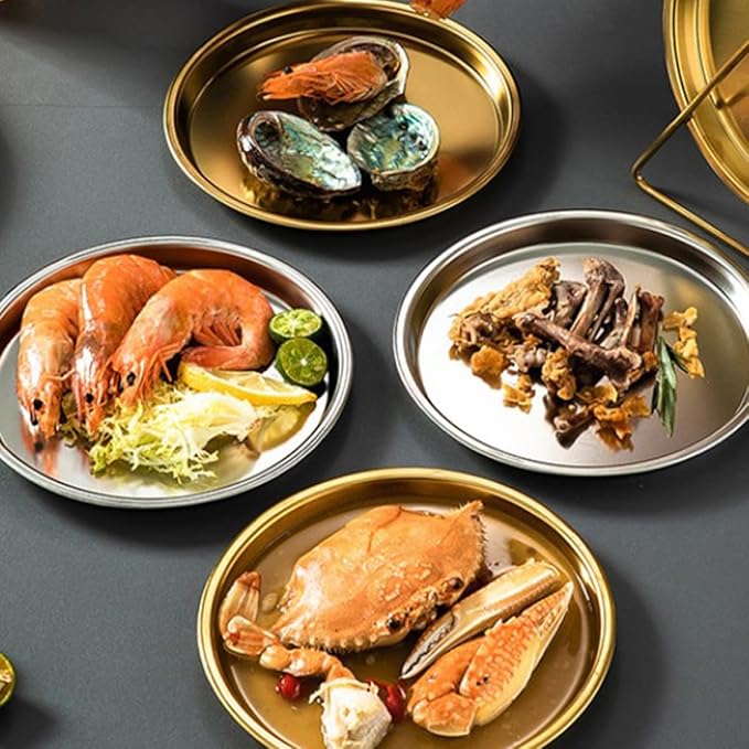 Stainless Steel Roast Meat Plates and Snack Holders Set of 6 with Storage Rack, Modern Silver round Food Serving Trays for Home and Restaurant Use