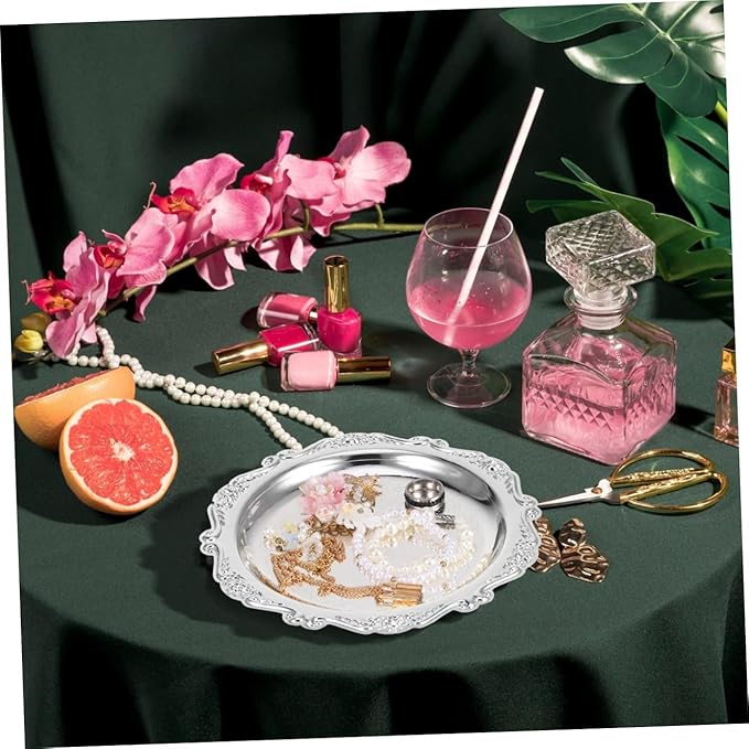 Kichvoe Round Platter Serving Tray Decorative Plate Metal Ottoman Dish Coffee Table Perfume Tray Dessert Plate Jewelry Storage Organizer for Kitchen Bathroom Silver- 7.86Inch
