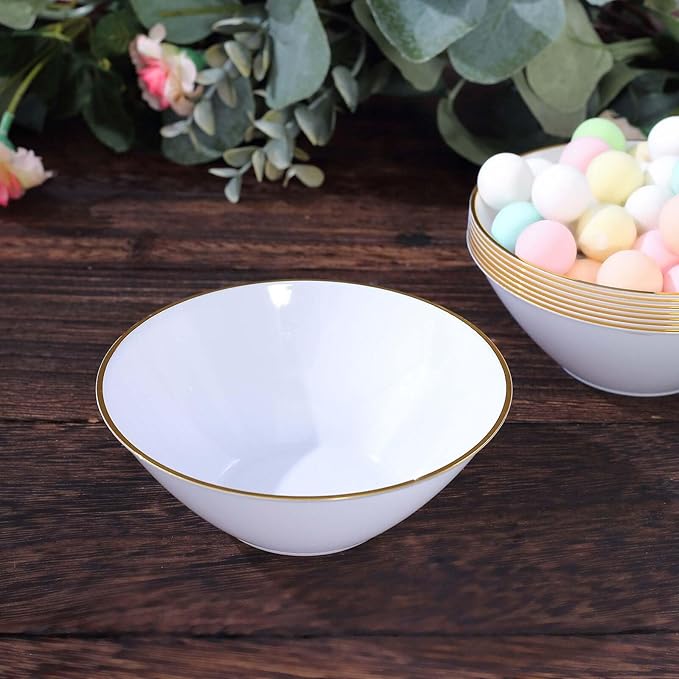 Efavormart 24 Pack | 7oz Glossy White/Gold Rim Heavy Duty Plastic Dessert Bowls, Premium Disposable Ice Cream Party Bowls