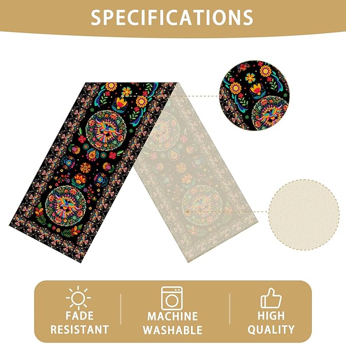 Mexican Floral Skull Table Runner Seasonal Holiday Kitchen Dining Linen Table Decoration for Indoor Outdoor Home Party Decor 13 x 72 Inch