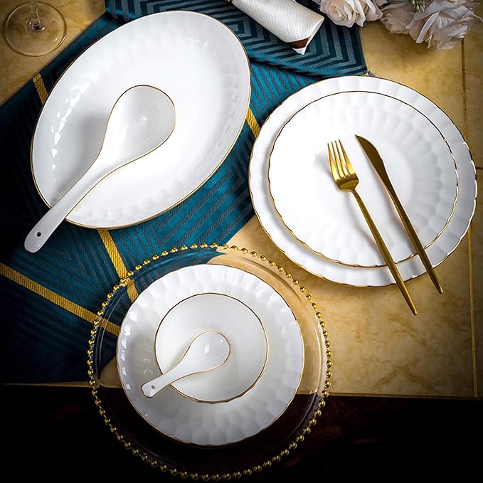 Classic Pottery Tableware,Ceramics Dinner Set, 50 Pieces Pure White High-Grade Bone China Dinnerware Sets Phnom Penh Soup Pot/Plate/Bowl - Porcelain Combination Set,