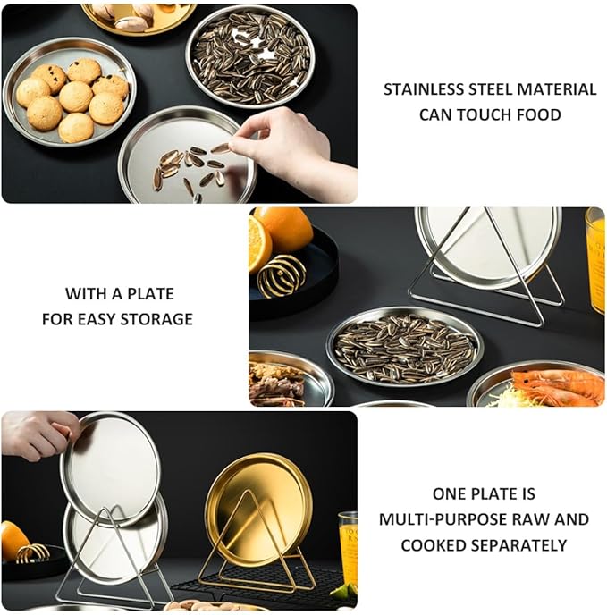 Stainless Steel Roast Meat Plates and Snack Holders Set of 6 with Storage Rack, Modern Silver round Food Serving Trays for Home and Restaurant Use