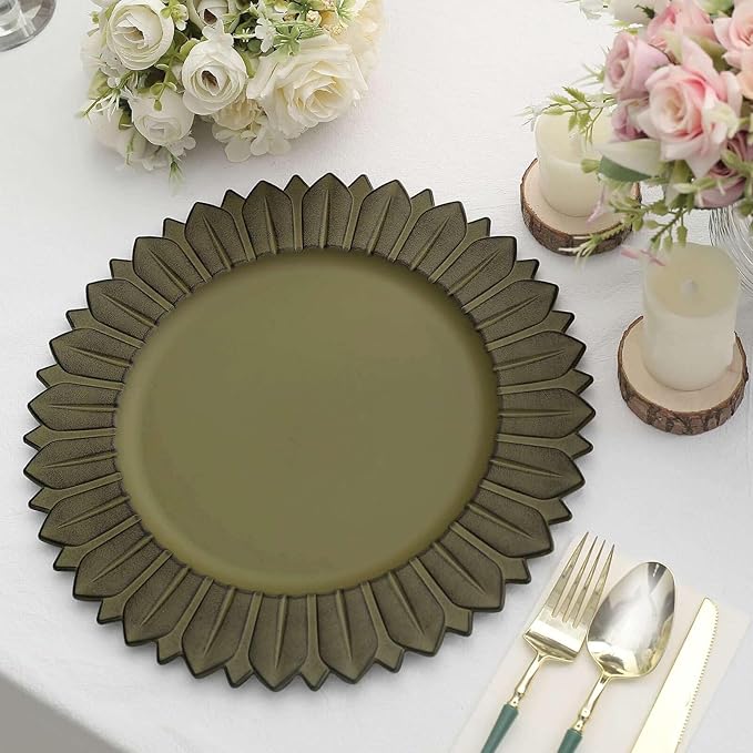 13" Charger Plates - Set of 12 - Matte Olive Green Sunflower Plastic Chargers, Disposable Round Acrylic Serving Trays For Dinner Wedding Party Events