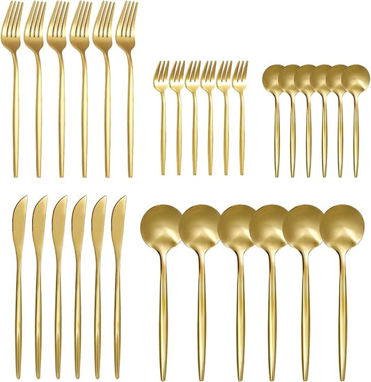 30 Piece Gold Silverware Set, Flatware Set for 6, Forks Spoons Set, Food-Grade Stainless Steel Cutlery Set (Gold)