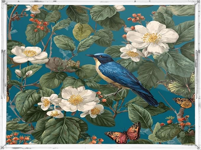 Serving Tray with Handles Clear Acrylic Tray 12x16 Inch Decorative Rectangular Tray Organizer for Ottoman Coffee Table Bathroom Vintage Blue Bird Flowers Butterflies