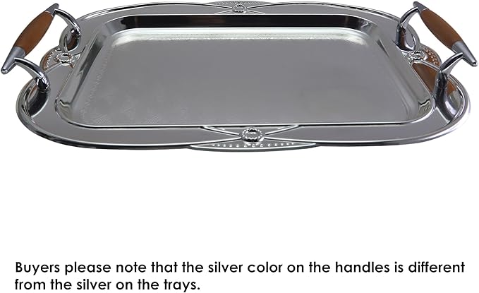 14.2 inch x 10.2 inch Floral Shape Antique Decorative Style Chrome Plated Silver Serving Tray with Handles Floral Engraved Edge Buffet Party Decor Platter Plate Dish FST-049