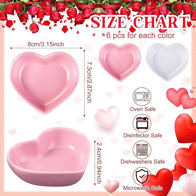 Hushee 12 Pcs Valentine's Day Heart Shaped Bowl Ceramic Candy Dish Multipurpose Salad Appetizer Dipping Sauce Heart Plates for Anniversary Wedding Party(Solid,Pink, White)