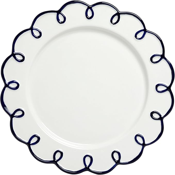 Sango 12-Piece Earthenware Dinnerware Set for 4, Glossy White Plates and Bowls Sets with Navy Scalloped Rims, Premium Dish Set, Holiday Dishes for Gifting & Hosting Christmas Party, Splash of Cheers