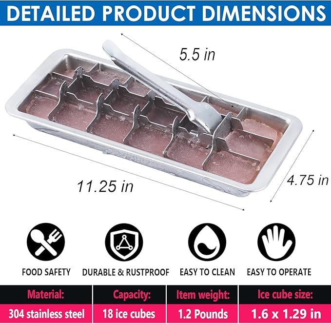 KAYCROWN 18/8 Stainless Steel Ice Cube Tray, 18 Slot Ice Cube Tray with Easy Release Handle for Making Various Large Ice Cubes, Removable Slots for Easy Ice Cube Removal (Tweezers & Finger Gloves)