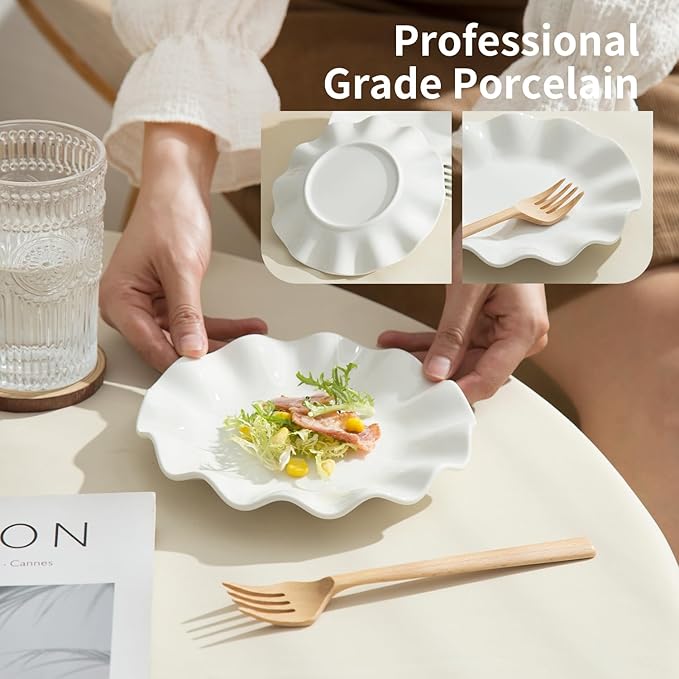 7 Inch White Dessert Plates Set of 12, Ceramic Appetizer Plate Wave Dinnerware Set, Small Dinner Plates for Snacks, Side Dishes, Fruit, Salad, Microwave Oven and Dishwasher Safe