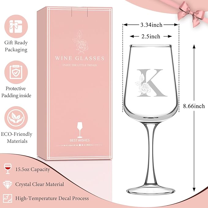 Personalized Wine Glass Gifts for Women - Monogrammed A-Z Wine Glasses Gift | Custom Christmas Gift, Valentines Day, Birthday Gifts for Women Her Mom Wife Best Friend Sister (K)