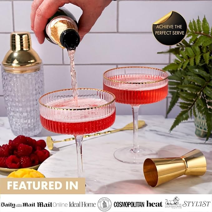 VEMACITY - Ribbed Espresso Martini Glasses Set of 4 with Gold Rims - Vintage Cocktail Glasses for Margaritas, Champagne and More - Includes Jigger & Bar Spoon | Ideal for Martinis and Cocktails