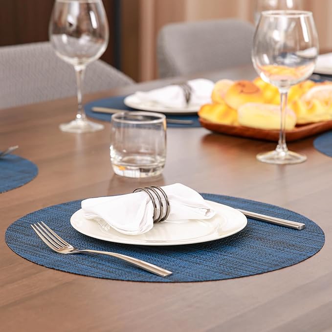 Round Placemats Set of 4 Heat Resistant Vinyl Placemats 15 inch Washable Non-Slip Table Mats Woven Place Mats for Dining Table (Dark Blue, Set of 4)