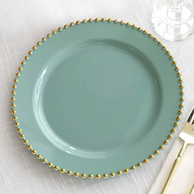 10" Dinner Plates - Set of 20 - Plastic Dusty Sage Green/Gold Round Disposable Plate Beaded Rim, Ideal for Decoration Party Wedding Bulk Events