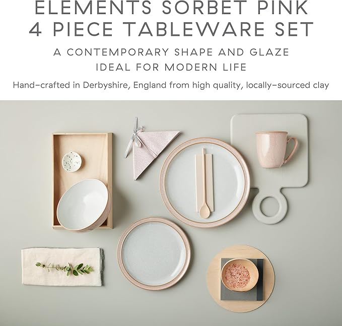 Denby - Elements Sorbet Pink Dinner Set For 1-4 Piece Ceramic Tableware - Dishwasher Microwave Safe Crockery Single Place Setting - 1 x Dinner Plate, 1 x Small Plate, 1 x Cereal Bowl, 1 x Coffee Mug