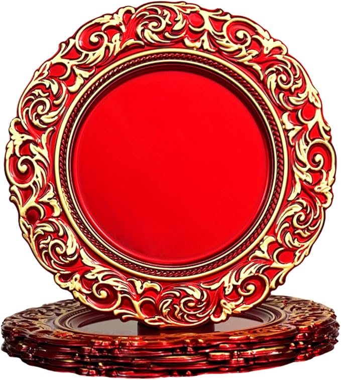 Red Charger Plates with Gold Embossed Rim, Plate Chargers for Dinner Plates. Set of 6, 13 Inch Plastic Charger for Dinner and Party Table Settings, Christmas, Thanksgiving,
