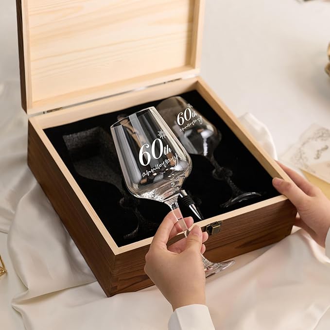 AW BRIDAL 60th Anniversary Wedding Gift for Couple 60 Years Anniversary Wine Glasses with Engraved Box Anniversary 60th Gifts for Parents