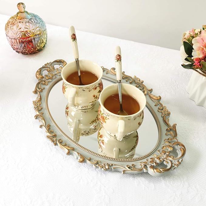 Hamphinee Oval Floral Wall Mirror Tray, Dresser Organizer Tray,，Decorative Perfume Mirror Tray, Serving Tray, 9.5’’ X 14.5’’, Gold Gray, Gray,gold
