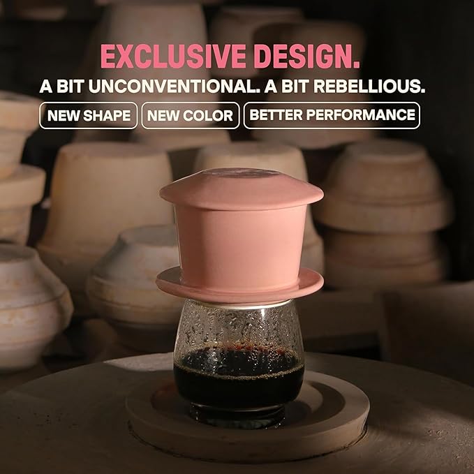 [Holiday Gift] Ceramic Vietnamese Phin Filter by PHINOI - Pour Over Coffee Dripper – 1-3 Cup Coffee Maker with Flower Design – Reusable Coffee Filter for Manual Brewing, Travel Friendly (Pink)