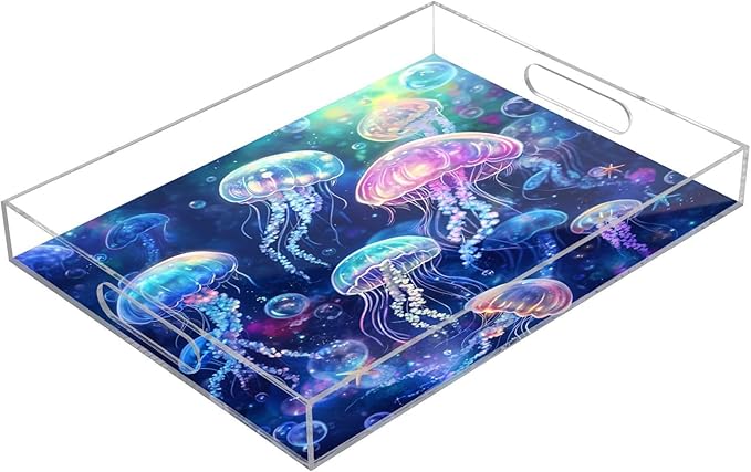Serving Tray with Handles Clear Acrylic Tray 12x16 Inch Decorative Rectangular Tray Organizer for Ottoman Coffee Table Bathroom Vivid Jellyfishes Bubbles and Starfishes
