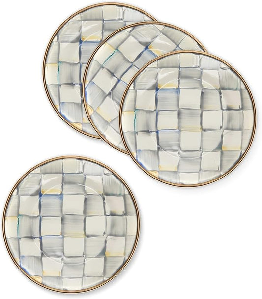 MACKENZIE-CHILDS Set of 4 Enamel Appetizer Plates, Mini Dessert Plates, 5 Inches, Gray-and-White Sterling Check