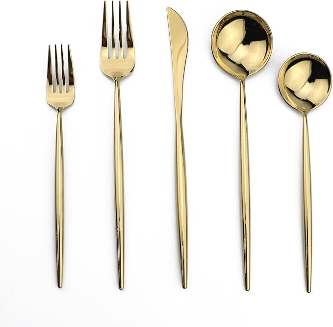 5-Piece Flatware Set, 18/10 Stainless Steel Dishwasher Safe, Mirror Polishing Gold