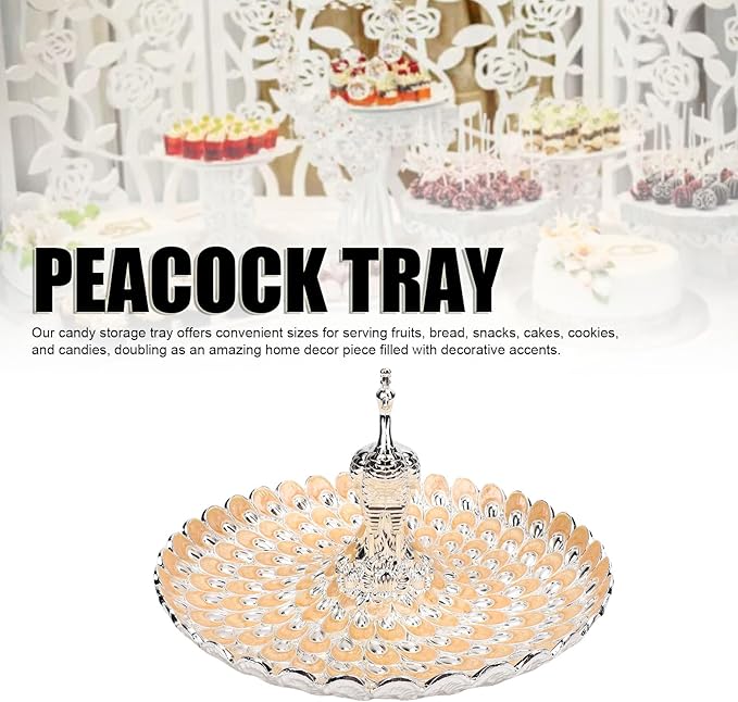 Peacock Shape Fruit Dish Tray, Decorative Storage Tray, Zinc Alloy Metal Snacks Plate Round Platter Serving Tray Cookie Storage Bowl for Home Party Cakes Cookies Candy (Silver Orange)