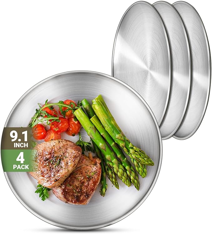 Metal Camping Plates, 4 Pack 9.1 inch 304(18/8) Stainless Steel Plates, Reusable Pizza Food Serving Snack Eating Salad Dishes Round Shatterproof Plate Silver Dinnerware Dinner Oven Safe