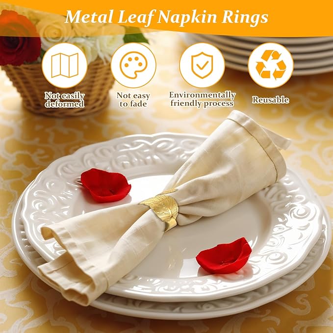 50 Pcs Gold Napkins Rings Bulk, Wedding Napkin Rings Set with Elegant Leaf Design, Premium Gold Napkin Holders for Thanksgiving Christmas Party Table Decor
