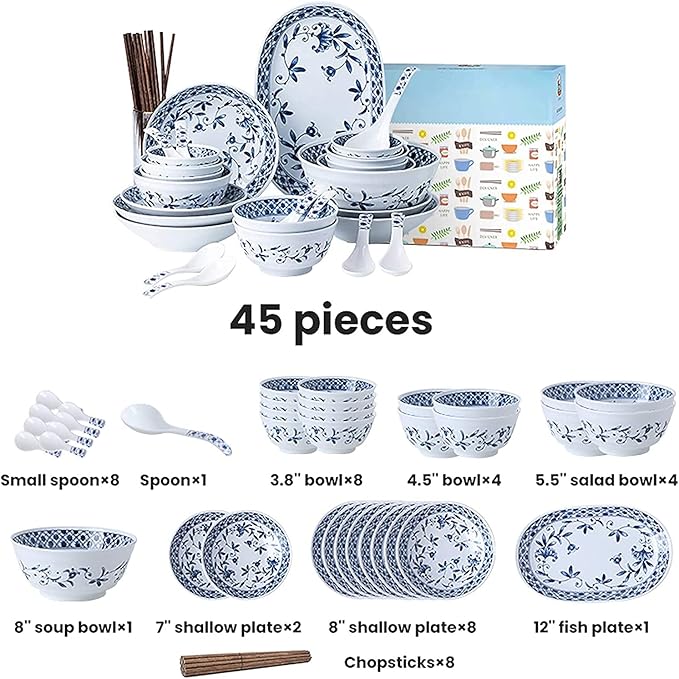 Ceramics Dinner Sets, Blue and White Porcelain Porcelain Dinnerware Set of 45 | Simplicity Cereal Bowl and Steak Plate Set