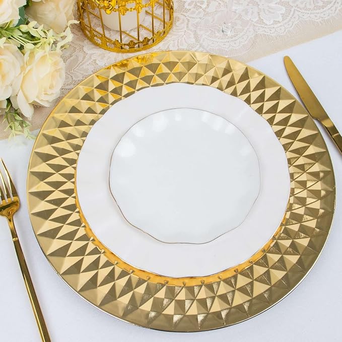 Efavormart 6 Pack | 13" Sparkling Gold Diamond Disposable Dinner Serving Plates, Shiny Round Plastic Charger Plates