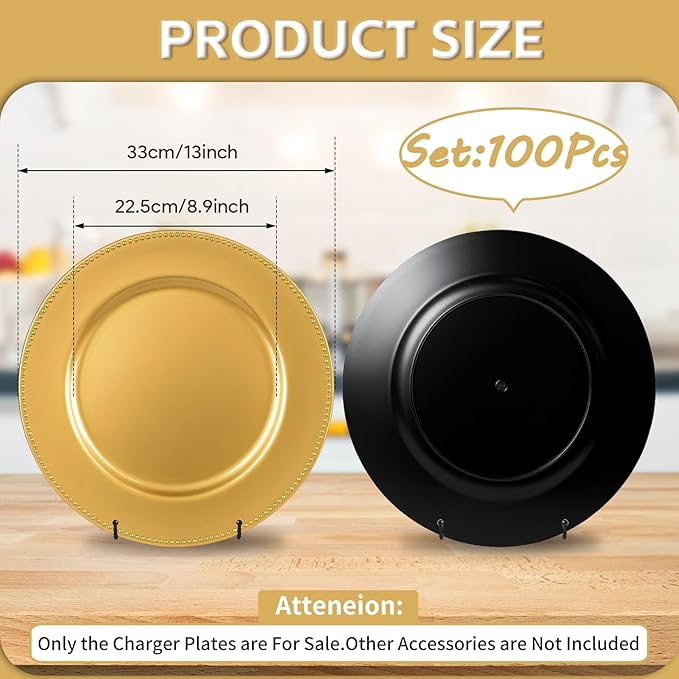 PROY 229 Pcs Charger Plates Set Bulk, 100 Pcs 13'' Gold Charger Plates 129pcs Metallic Gold Balloons Different Sizes 18 12 10 5 Inch Dinner Chargers Set For Dinner Wedding Party Decoration