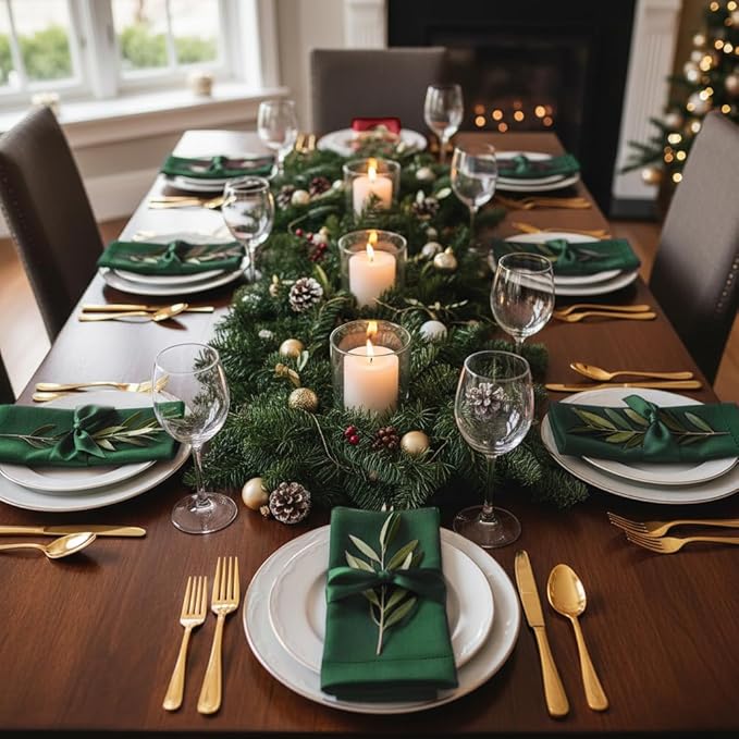D'Moksha Homes Forest Green Linen Napkins Set of 4 - Classic Hemstitch 100% Pure Linen Hemstitch Dinner Napkins 20 x 20 Inch for Winter, Christmas, Holiday, New Year - Handcrafted and Machine Washable