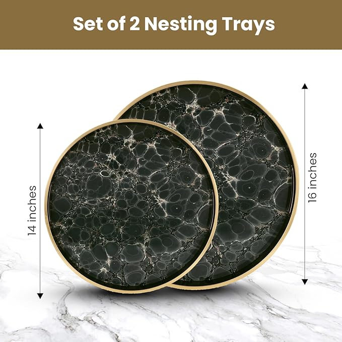 Round Serving Tray with with Handles Antique Look & Stylish Design Decorative Trays for Kitchen Round Ottoman Tray for Dinning Living Room & Home Decor Pack of 2 (Teal)