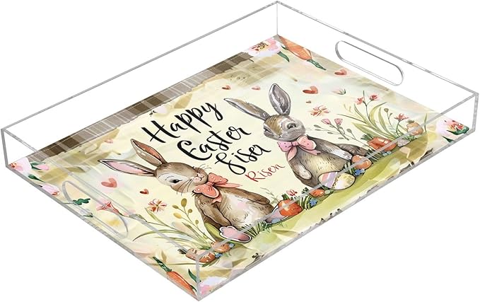 Serving Tray with Handles Clear Acrylic Tray 12x16 Inch Decorative Rectangular Tray Organizer for Ottoman Coffee Table Bathroom Happy Easter Bunny Carrot