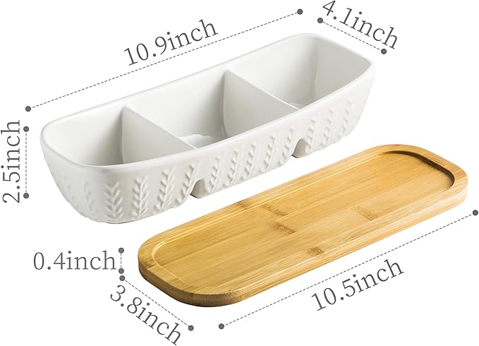 3 Compartment Condiment Tray, Chip and Dip Bowl with Wooden Serving Tray, Perfect for Snacks, Appetizers, Charcuterie, Chips, Candy, 10-inch Chip and Dip Serving Set for Parties