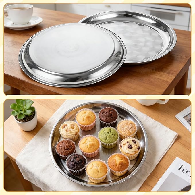 10 PCS Stainless Steel Round Serving Tray, 12 Inch Large Silver Plates Silver Serving Platter, Stainless Steel Silver Tray Decorative, Round Metal Tray for Food, Coffee Table, Party, Club, Home