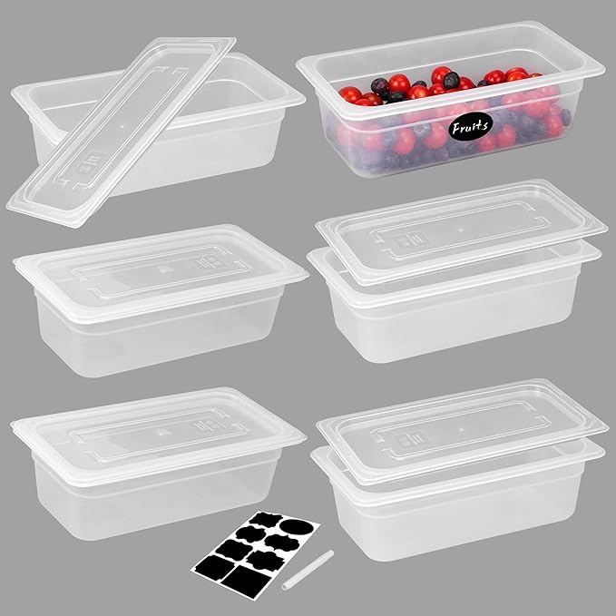 6 Pack 1/3 Size 4'' Deep Food Pans with Lids, Translucent Polypropylene, BPA-free, Commercial Stackable Freezer-safe Storage for Restaurants, Buffets