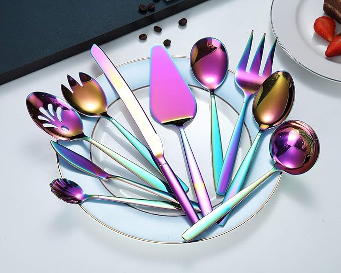 HOMQUEN Rainbow Serving Set - 10 Piece Colorful Flatware, Includes Slotted Spoon, Cake Server, Sugar Spoon, Soup Ladle, Wedding Cake Knife