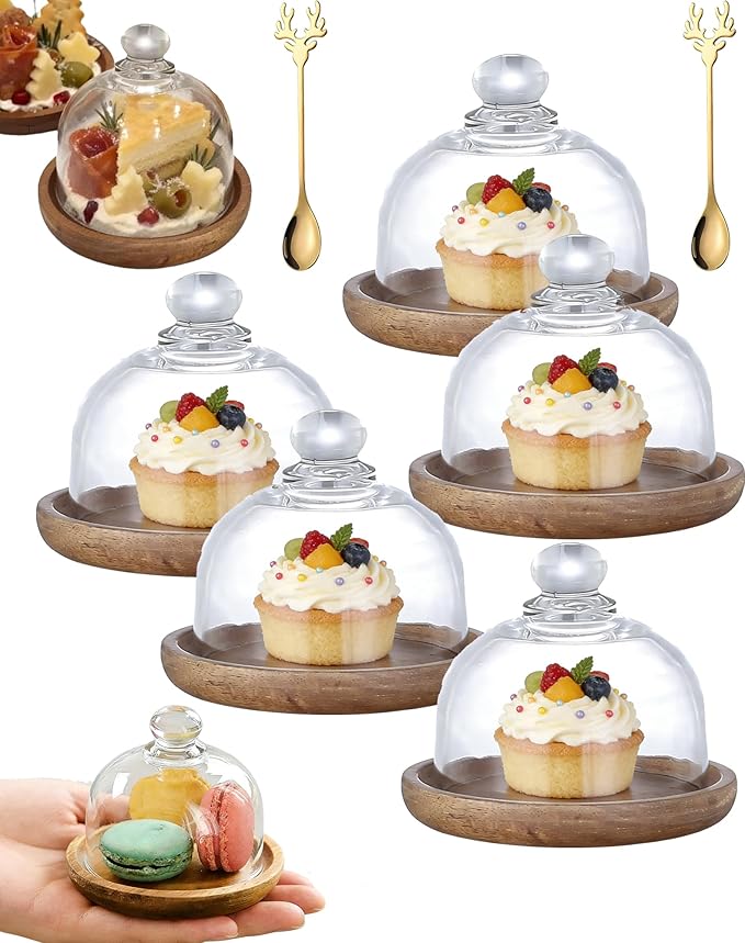 Charcuterie Snow Globe Container, Charcuterie Snow Globes, Mini Cake Stand with Dome Lid, Glass Dessert Dome with Wood Base, Small Cake Display Server Tray for Kitchen, Birthday Party, Wedding (5 set)