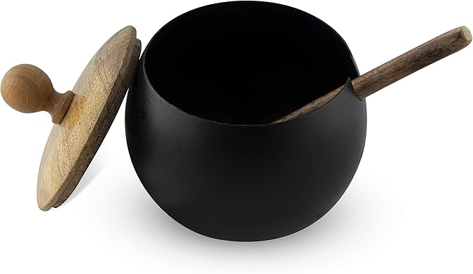 GoCraft Sugar Bowl with Lid and Spoon – Matte Black Ceramic Sugar Container with Wooden Lid, Drum Shape Sugar Jar for Kitchen, Coffee Bar, Tea, Spices & Condiments