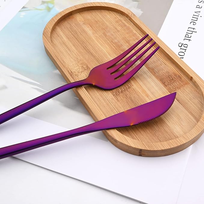 30Pcs Purple Simplicity Mirror Finished Cutlery Set, 18/0 Stainless Steel Daily Use Silverware Kitchen Home Restaurant Party Dessert Flatware Set Include Knife/Fork/Spoon, Service For 6