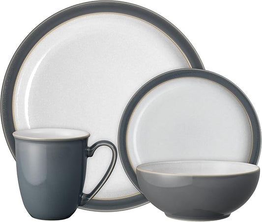 Denby - Elements Fossil Grey Dinner Set For 1-4 Piece Ceramic Tableware - Dishwasher Microwave Safe Crockery Single Place Setting - 1 x Dinner Plate, 1 x Small Plate, 1 x Cereal Bowl, 1 x Coffee Mug