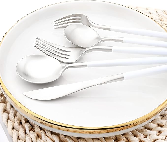 24-piece Snplowum Silver Satin Finished Serving Set, 18/10 Stainless Steel Flatware With White Round Hanle For Daily Use Salad Coffee Include Knife/Fork/Spoon, Service For 4 (White Silver)