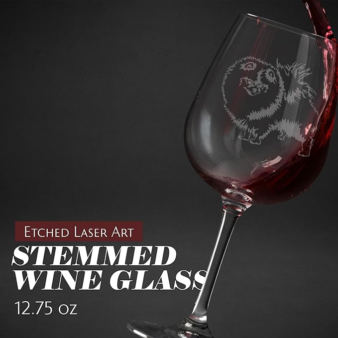 Etched Laser Art Personalized Dog Themed Etched Wine Glass - Custom Dog Breed Wine Glasses, Ideal for Pet Lovers, Unique Birthday Gift for Men & Women, Personalized Gift - Pomeranian, 12.75 oz