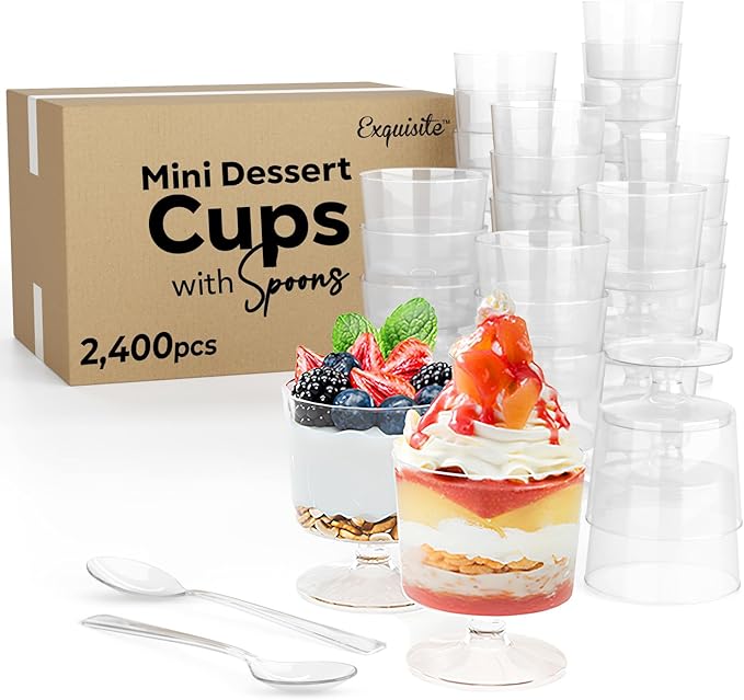 Exquisite Mini Dessert Cups With Spoons 2,400 Pcs I Serves 1200 I Disposable Mini Plastic Pudding Cups With Spoons I 2 Oz Small Plastic Cups Great As Yogurt Cups, Jello Cups or Parfait Cups, Round