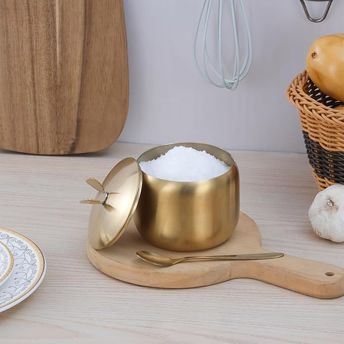 12oz Sugar Bowl with Lid and Spoon Stainless Steel Condiment Container for Kitchen Ghee Container Coffee Table Gold Spice Jars for Seasoning