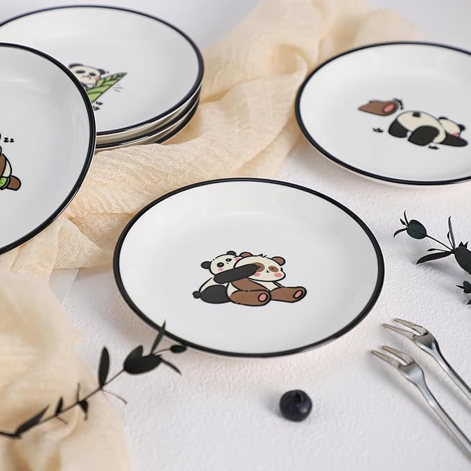 SOCOSY Super Cute Cartoon Panda Ceramic Sauce Dishes, Seasoning Dishes, Little Cat Dog Bird Feeding Bowls, Sushi Soy Dipping Bowls, Appetizer Plates, Dessert Plates-Panda-5 Inch, Set of 6