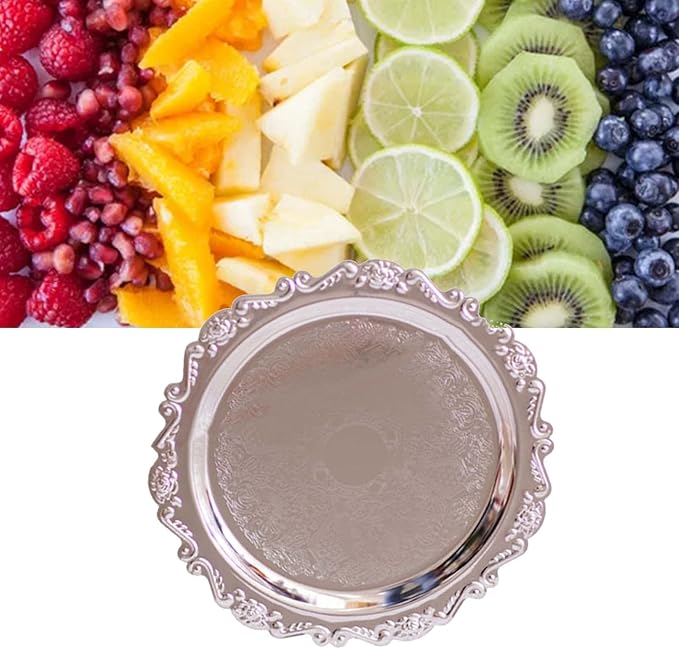 Round Fruit Plate, Metal Food Serving Tray Vintage Round Fruits Serving Platter Plates, Fruit Tray Dessert Cake Decorative Disk for Cakes, Desserts, and Baked Goods Wedding Holiday Party(Silver)